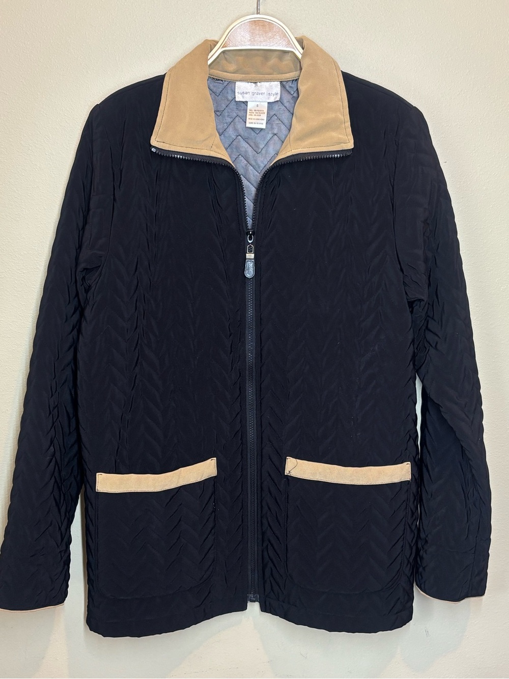 Susan Graver Black Quilted Jacket with Camel Collar